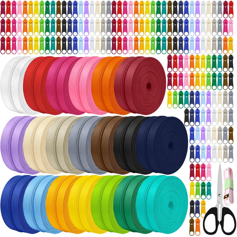 Lalolee 60 Yards 20 Pcs Sewing Colors Zippers Bulk #5 Nylon Coil Assorted Lengths Sewing Zipper with 200Pcs Pull Heads, for DIY Sewing, Bag Pack, Crafts Zipper Tape for Clothes, Purse Making Supplies Kit - Image 1