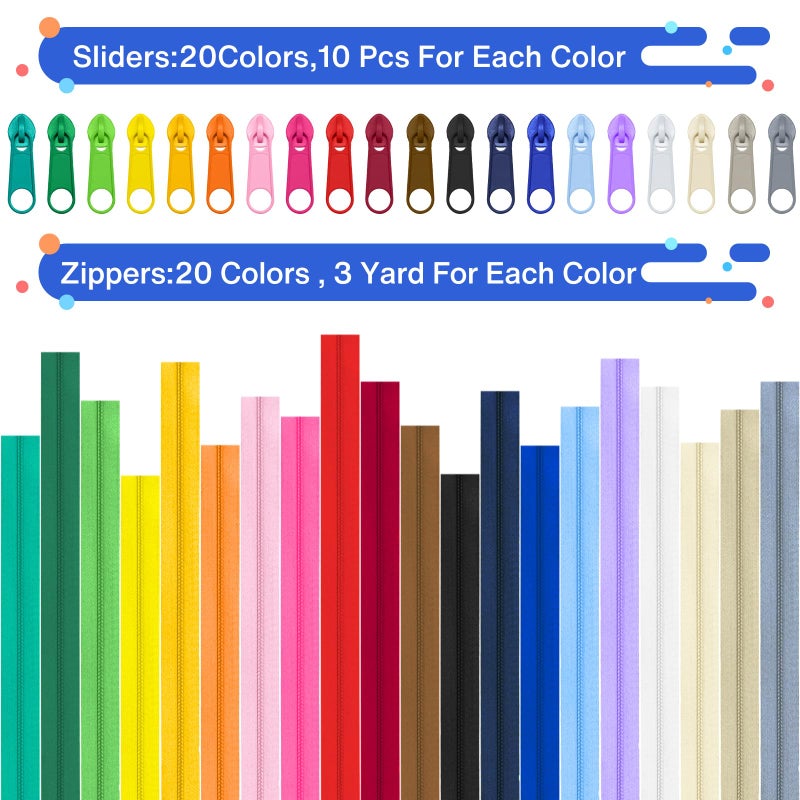 Lalolee 60 Yards 20 Pcs Sewing Colors Zippers Bulk #5 Nylon Coil Assorted Lengths Sewing Zipper with 200Pcs Pull Heads, for DIY Sewing, Bag Pack, Crafts Zipper Tape for Clothes, Purse Making Supplies Kit - Image 2