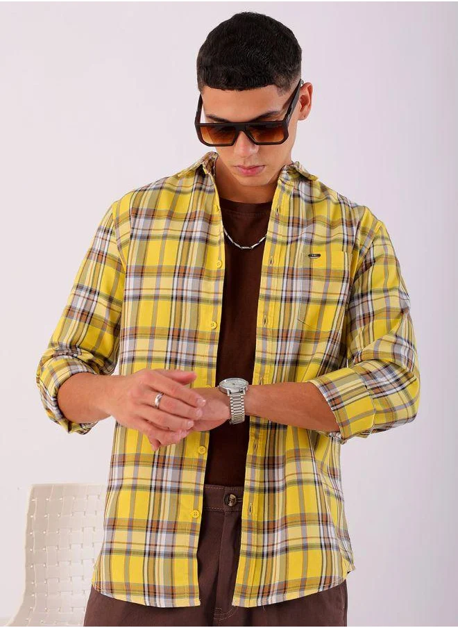 شركة المرآب الهندية Men Slim Fit Checkered Full Sleeves Cutaway Collar Casual Shirt