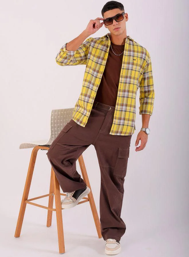 شركة المرآب الهندية Men Slim Fit Checkered Full Sleeves Cutaway Collar Casual Shirt