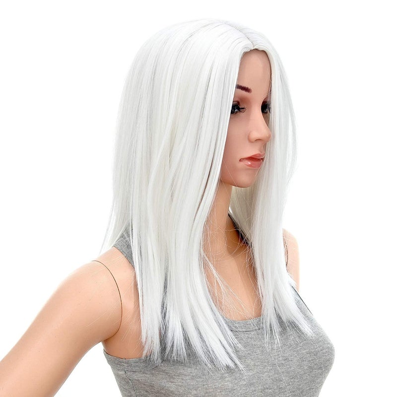 SWACC 14Inch Short Straight Middle Part Hair Wig Medium Length Synthetic Heat Resistant Wigs for Women with Wig Cap White