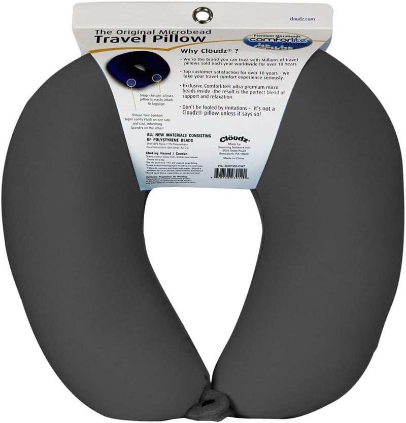 Cloudz Dual Comfort Microbead Airplane Travel Neck Pillow. Super Soft Cozy Plush Fabric on One Side, Cool Relaxing Spandex on The Other! Customize Your Comfort and Support at Home or On The Go!-Black - Image 2