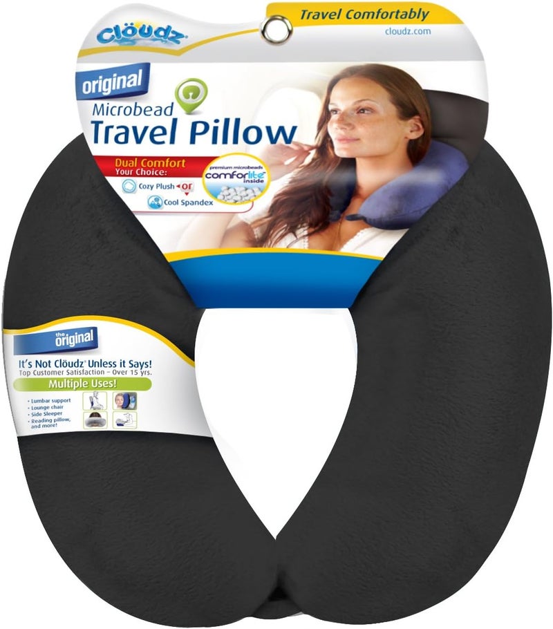 Cloudz Dual Comfort Microbead Airplane Travel Neck Pillow. Super Soft Cozy Plush Fabric on One Side, Cool Relaxing Spandex on The Other! Customize Your Comfort and Support at Home or On The Go!-Black - Image 1