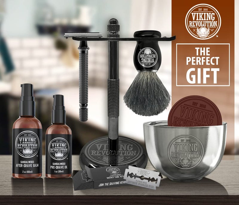 Viking Revolution Luxury Safety Razor Shaving Kit - Includes Double Edge Safety Razor, Stand, Bowl, After-Shave Balm, Pre-Shave Oil, Badger Brush - Safety Razor Kit - Image 2