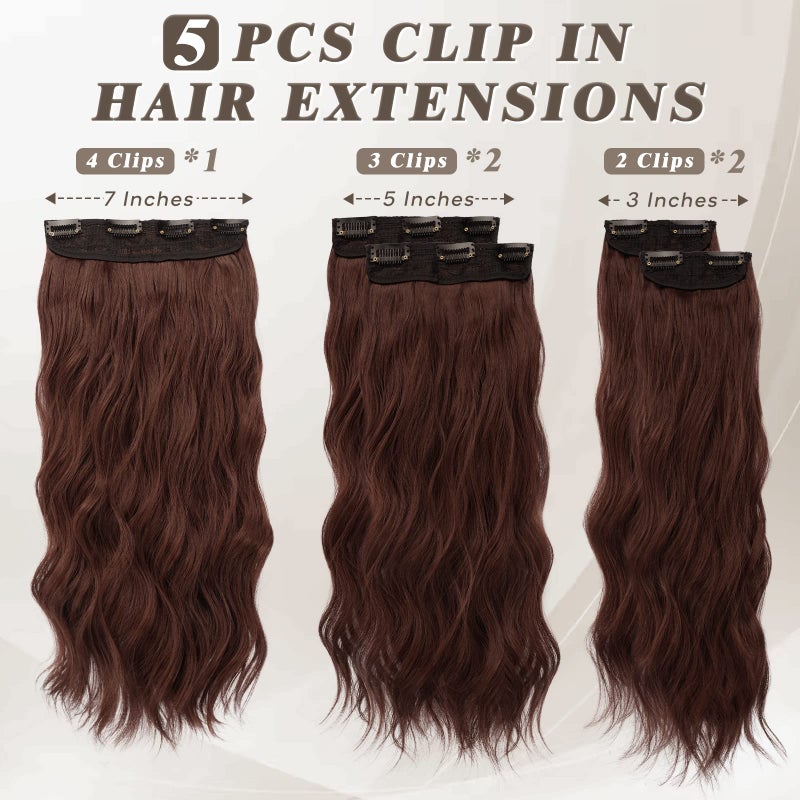 BARSDAR Chestnut Clip in Hair Extensions - 5PCs 18 Inch Wavy Clip in Hair Extensions for Women - Thick Soft Synthetic Clips in Hairpieces Daily Party Halloween- Copper Chestnut - Image 2