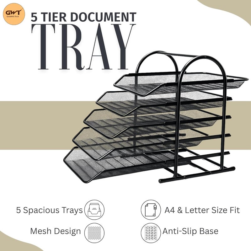 GoodWill Tech 5 Tier File Organizer - Black Metal Mesh Desk Tray with Slidable Compartments for A4 Documents, Letters, Office File Storage - Desk Organizer Rack(5 Tray 2Pk) - Image 3