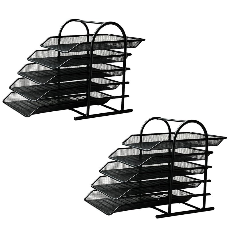GoodWill Tech 5 Tier File Organizer - Black Metal Mesh Desk Tray with Slidable Compartments for A4 Documents, Letters, Office File Storage - Desk Organizer Rack(5 Tray 2Pk) - Image 1