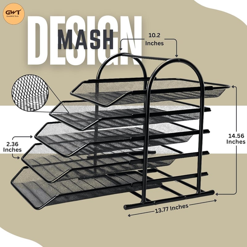GoodWill Tech 5 Tier File Organizer - Black Metal Mesh Desk Tray with Slidable Compartments for A4 Documents, Letters, Office File Storage - Desk Organizer Rack(5 Tray 2Pk) - Image 2