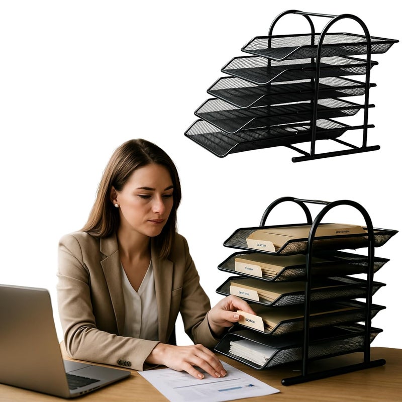 GoodWill Tech 5 Tier File Organizer - Black Metal Mesh Desk Tray with Slidable Compartments for A4 Documents, Letters, Office File Storage - Desk Organizer Rack(5 Tray 2Pk) - Image 5