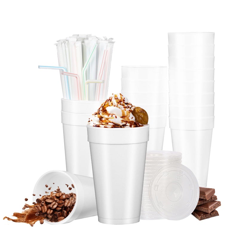 RIKICACA 16 Oz Styrofoam Cups with Lids and Drinking Straws Disposable White Foam Cups for Hot Cold Drink Beverage To Go Drinking Container for Coffee Tea Juice 50Sets150pcs