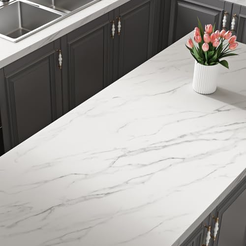 Stickyart 24"x160" Marble Contact Paper for Countertops Waterproof Marble Wallpaper Peel and Stick for Kitchen Island Matte White Countertop Contact Paper Removable Self Adhesive for Cabinets Table - Image 1