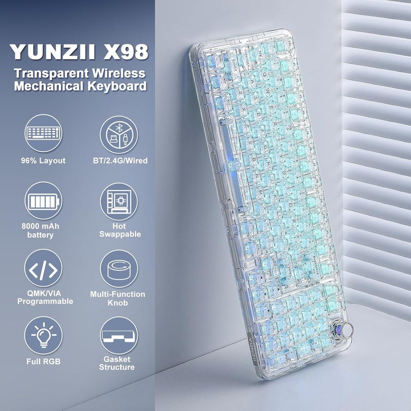 YUNZII X98 QMK/VIA Wireless Mechanical Gaming Keyboard with Knob,Tri-Mode BT5.0/USB-C/2.4GHz Hot Swappable Keyboard,Pre-lubed Switches Gasket Mount RGB Backlit for Wins/Mac (White, Snow Switch) - Image 2