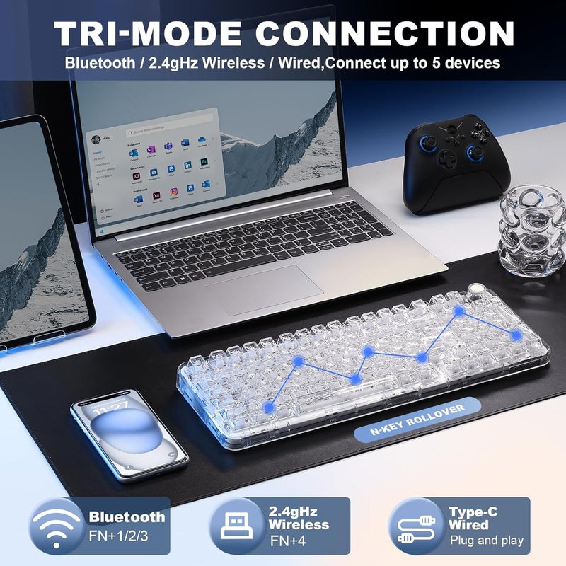 YUNZII X98 QMK/VIA Wireless Mechanical Gaming Keyboard with Knob,Tri-Mode BT5.0/USB-C/2.4GHz Hot Swappable Keyboard,Pre-lubed Switches Gasket Mount RGB Backlit for Wins/Mac (White, Snow Switch) - Image 3