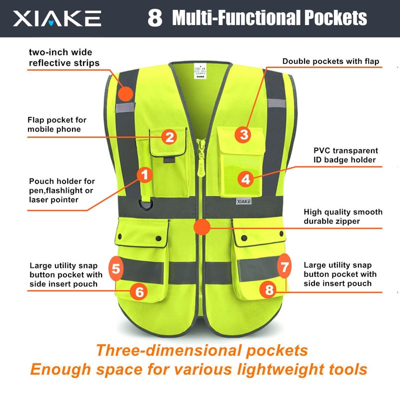 XIAKE 8 Pockets High Visibility Class 2 Reflective Safety Vest for Men & Women Meets ANSI Standards(Large,Yellow) - Image 4