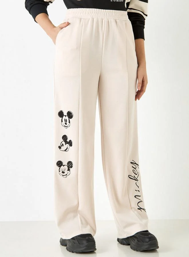 Mickey Mouse Print Wide Leg Pants with Pintuck Detail