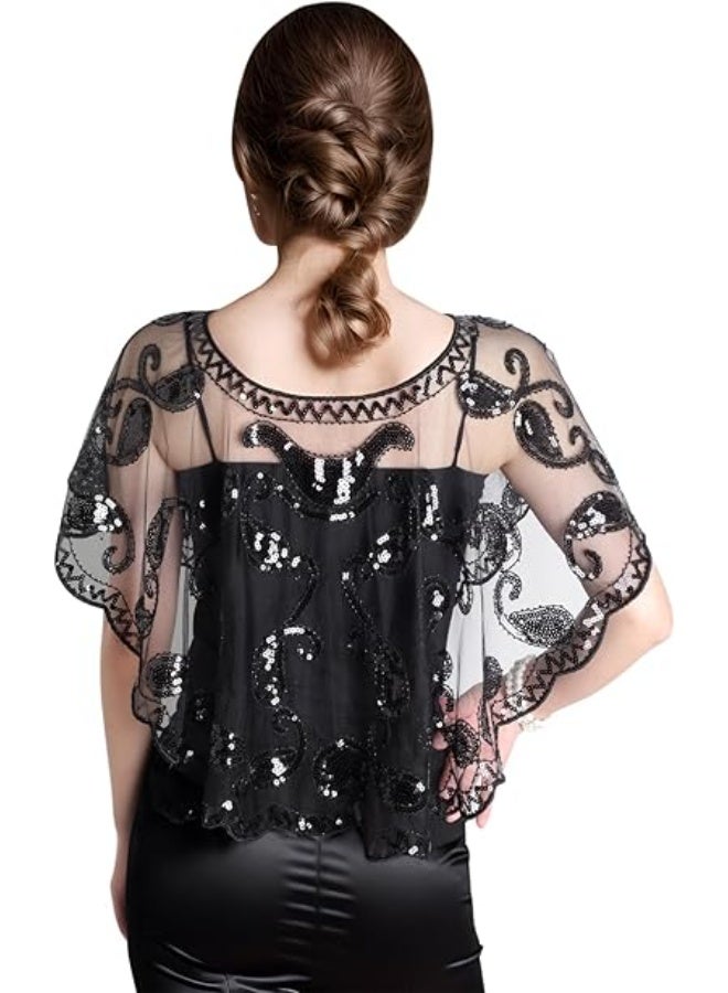 SUNSAR Women's Shawl Wraps Sequin Beaded Bridal Shawls Flapper Evening Cape(Black) - Image 5