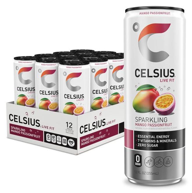 CELSIUS مشروب الطاقة الأساسي الفعال بنكهة المانجو والفواكه الاستوائية الفوارة 12 أونصة سائلة (عبوة من 12) - Image 1