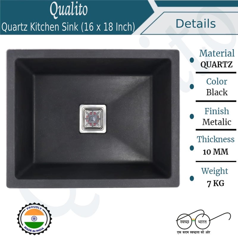 QUALITO 16x18X9 Black Quartz Kitchen Sink Easy to Clean Sound Proof Heat Resistant Scratch Resistance and Non Fading Color Single Big Bowl Granite Sink Kitchen Wash Basin - Image 2
