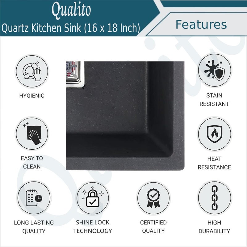 QUALITO 16x18X9 Black Quartz Kitchen Sink Easy to Clean Sound Proof Heat Resistant Scratch Resistance and Non Fading Color Single Big Bowl Granite Sink Kitchen Wash Basin - Image 4