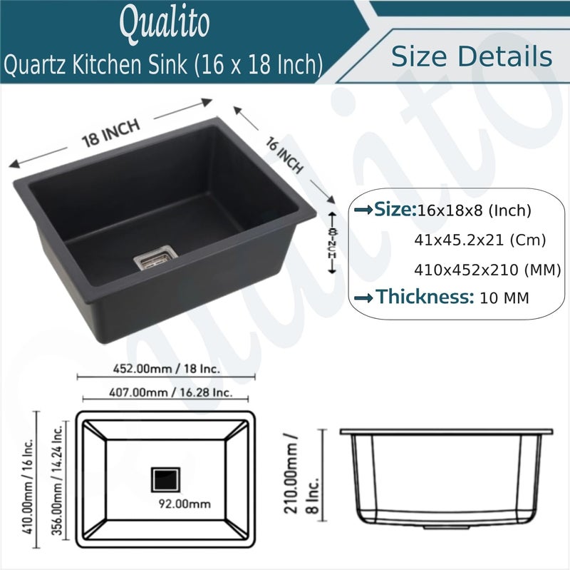 QUALITO 16x18X9 Black Quartz Kitchen Sink Easy to Clean Sound Proof Heat Resistant Scratch Resistance and Non Fading Color Single Big Bowl Granite Sink Kitchen Wash Basin - Image 3