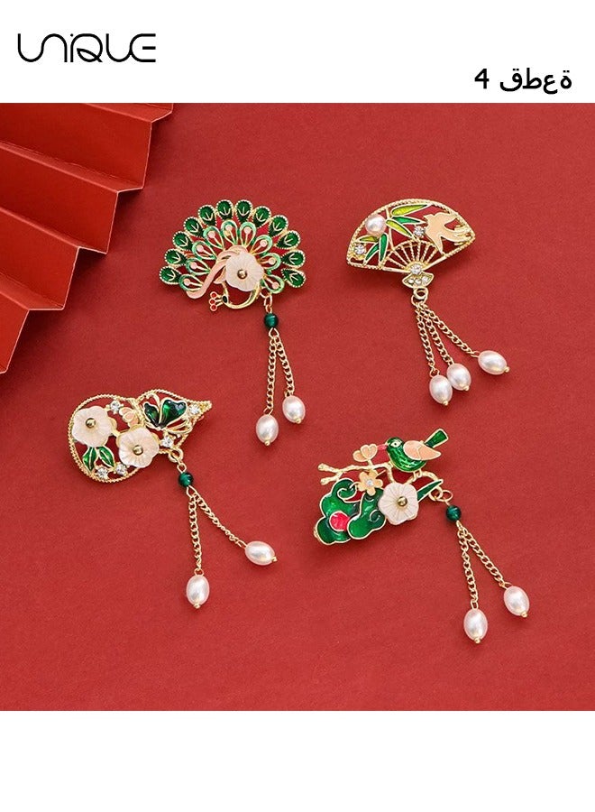 Unique 4 PCS Brooch - Chinese Series Brooch - Peacock Flower Vintage Pin - Pearl Tassel Brooch - Elegant - Sweaters, Shirt Jackets, Backpack Accessories, DIY Crafts  - Image 1