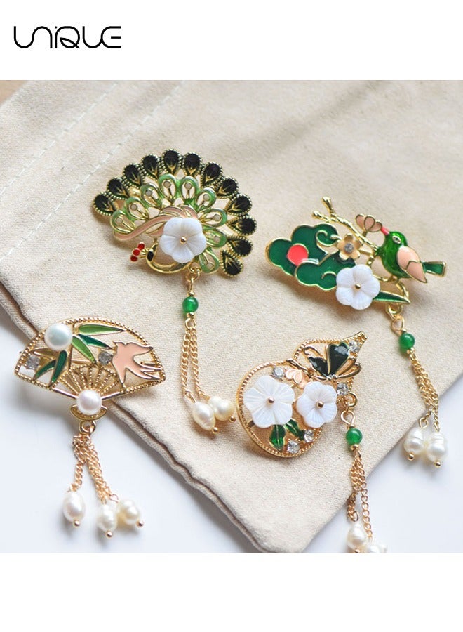 Unique 4 PCS Brooch - Chinese Series Brooch - Peacock Flower Vintage Pin - Pearl Tassel Brooch - Elegant - Sweaters, Shirt Jackets, Backpack Accessories, DIY Crafts  - Image 4