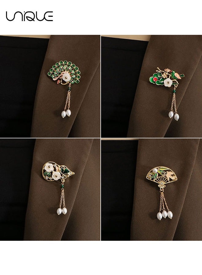 Unique 4 PCS Brooch - Chinese Series Brooch - Peacock Flower Vintage Pin - Pearl Tassel Brooch - Elegant - Sweaters, Shirt Jackets, Backpack Accessories, DIY Crafts  - Image 5