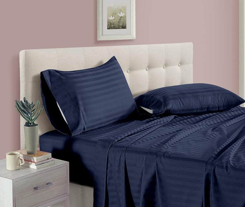 HOME ELITE 300 TC 100% Cotton Satin Stripes King Bed Sheet & 2 Pillow Covers Set for Hotels, B&B (Navy Blue, Double Bed, Flat Stripe Bedsheet) (90 x 100 Inches) - Image 5