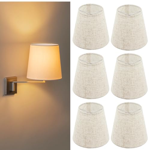 Lnrueg Set of 6 Chandelier Lamp Shades 5 Inch Mini Barrel Lampshades Clip On for Table Lamp Wall Lamp Replacement Natural Linen Mini Lamp Shade 35x5x55in Top Height Bottom - Image 3