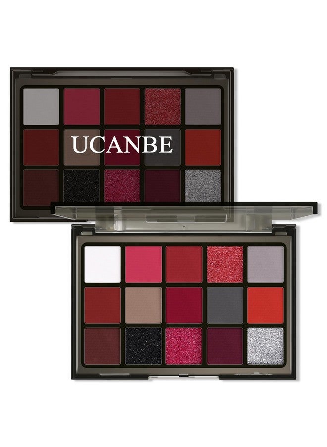 UCANBE Red Eyeshadow Makeup Palette, 15 Colors Burgunry Gray Silver Shimmer Matte Glitter Metallic Eye Shadow Pallet, Pigmented Make Up Kit for Halloween Parties Christmas Joker Vampire Clown - Image 1