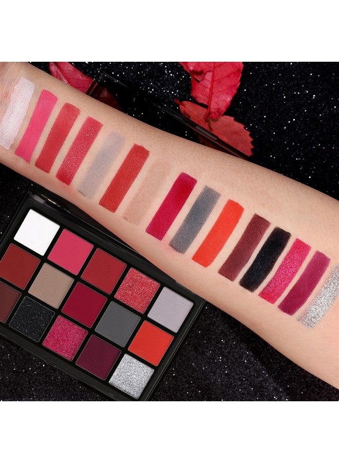UCANBE Red Eyeshadow Makeup Palette, 15 Colors Burgunry Gray Silver Shimmer Matte Glitter Metallic Eye Shadow Pallet, Pigmented Make Up Kit for Halloween Parties Christmas Joker Vampire Clown - Image 4