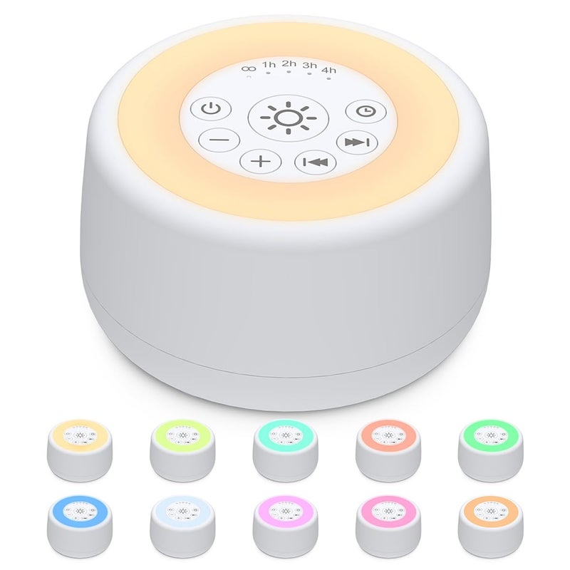 Sleepbox Sound White Noise Machine with 25 Soothing Sounds and 10 Colors Warm Night Light 4 Brightness Levels 32 Volume Levels 5 Timer and Memory Function for Baby Kids Adults Seniors Sleeping White