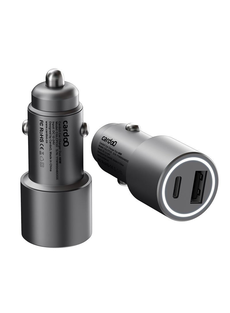 cardoo شاحن سيارة cardoO Duo 48W سريع USB-C + USB-A محول مزدوج المخرج للهواتف والأجهزة اللوحية فضي - Image 1