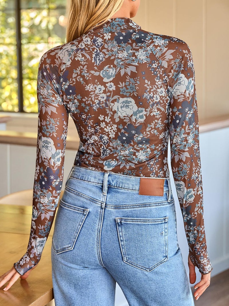 Dealmore Lace Sheer Floral Mesh Mockneck Going Out Tops for Women Fall Fashion Spring Outfits 2026 Clothes Floral Brown XL - Image 4