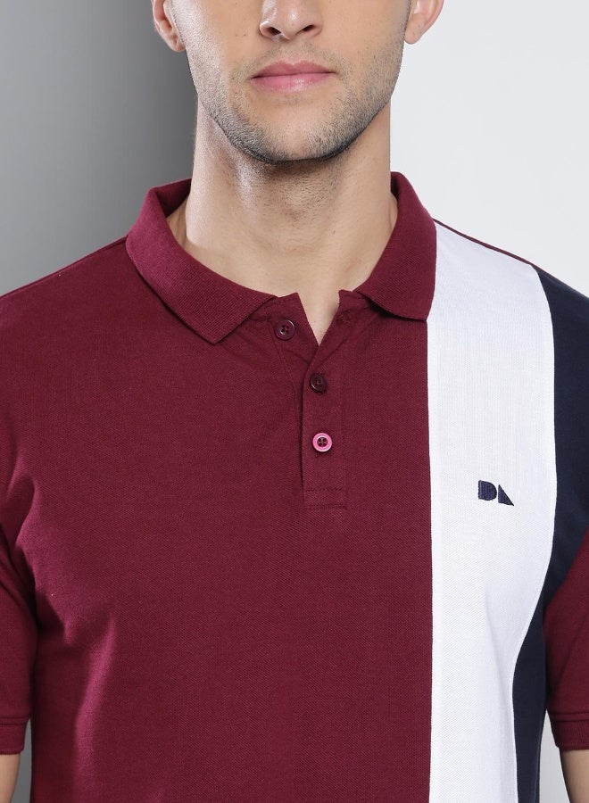 Dennis Lingo Men's Burgundy 100% Cotton Colourblocked Regular Fit T-Shirt  - Image 2