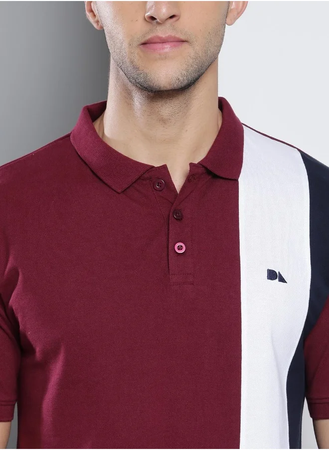 دينيس لينغو Burgundy Regular Fit T-shirt for Men - 100% Cotton, Colourblocked, Polo Collar, Polo Neck, Half Sleeves, Knitted, Casual