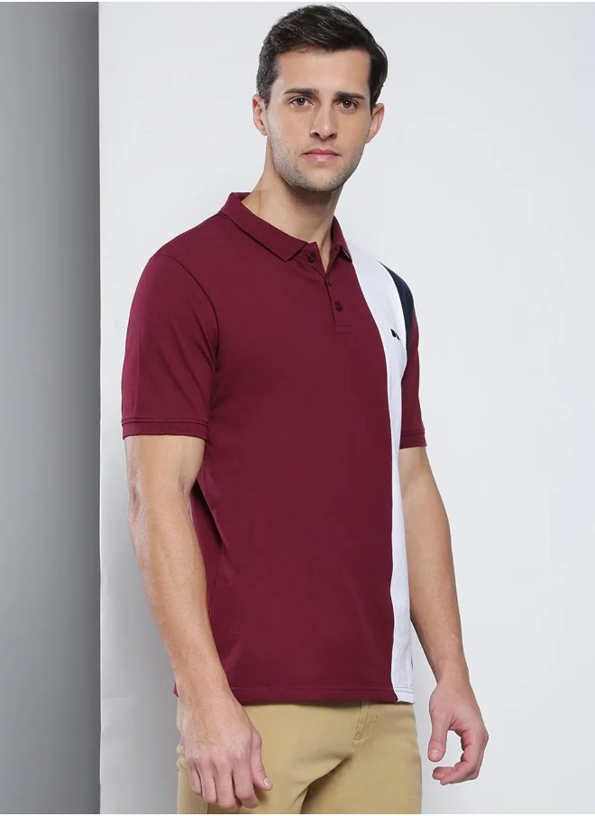 دينيس لينغو Burgundy Regular Fit T-shirt for Men - 100% Cotton, Colourblocked, Polo Collar, Polo Neck, Half Sleeves, Knitted, Casual