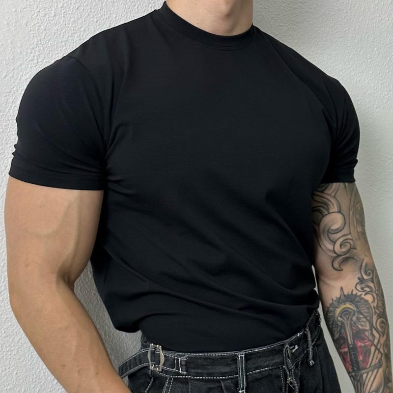 New Summer Solid Color Quick-Drying Short-Sleeved Men'S Fitness Training All-Match T-Shirt Trendy American Style Small Collar Elastic Top - Image 4