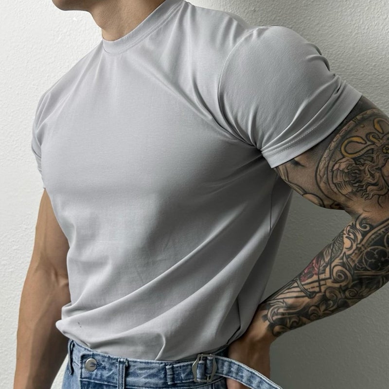 New Summer Solid Color Quick-Drying Short-Sleeved Men'S Fitness Training All-Match T-Shirt Trendy American Style Small Collar Elastic Top - Image 2