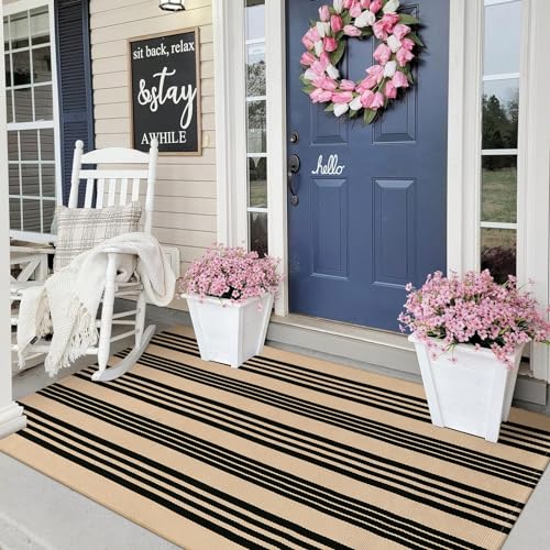 Sungea Black and Khaki Striped Rugs 3x5, Outdoor Cotton Hand Woven Front Door Mat,Washable Reversible Layered Fall Door Mats, Foldable Front Porch Rug for Entryway/Home Entrance/Farmhouse/Autumn - Image 1