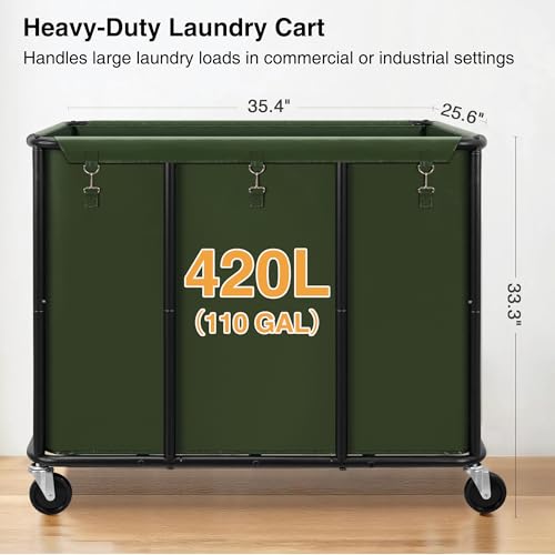 STO STO Commercial Laundry Cart with Lockable Wheels, Extra Large 420L Industrial Rolling Laundry Hamper with Metal Frame, Laundry Basket Trolley with Removable Waterproof Bag, 400 lbs Load, Green - Image 4