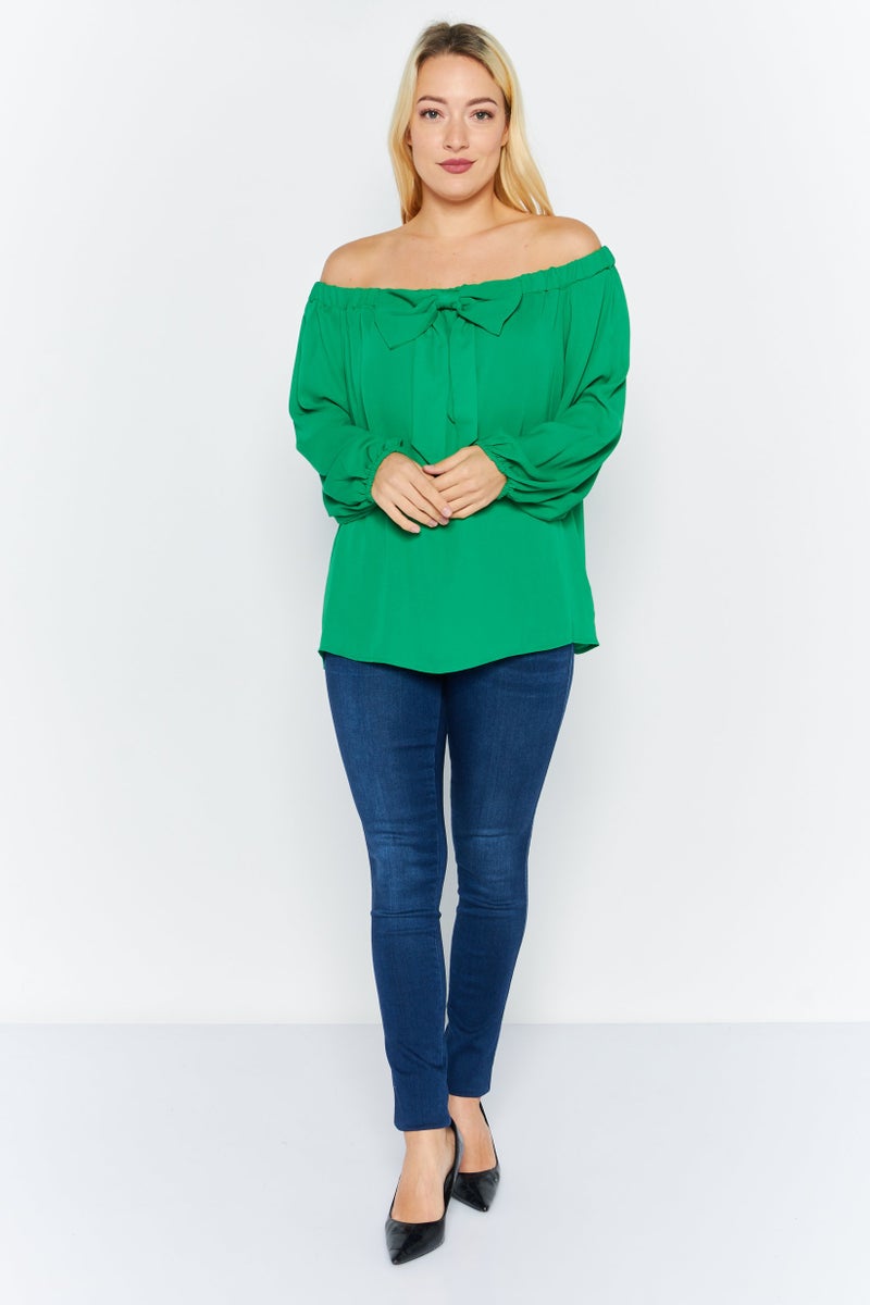 Riley & Rae بلوزة نسائية بأكتاف مكشوفة وأكمام طويلة، خضراء - Image 2