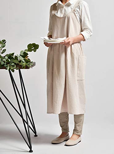 NEWGEM Cotton Linen Cross Back Apron for Women with Pockets for Cooking Painting Beige without Waist Ties - Image 2
