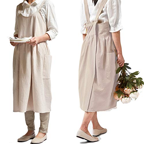 NEWGEM Cotton Linen Cross Back Apron for Women with Pockets for Cooking Painting Beige without Waist Ties - Image 1