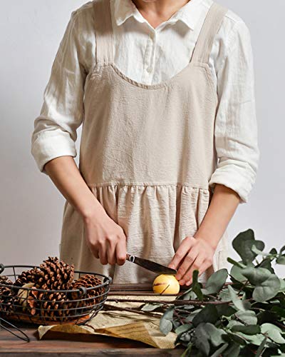 NEWGEM Cotton Linen Cross Back Apron for Women with Pockets for Cooking Painting Beige without Waist Ties - Image 4