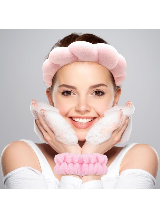 Premify Spa Sponge Headbands & 2 Wristbands Set For Women & Girls, Makeup Removal Headband & Terry Towel Cloth Fabric Hair Band For Washing Face, Skincare (Pink)  - Image 2