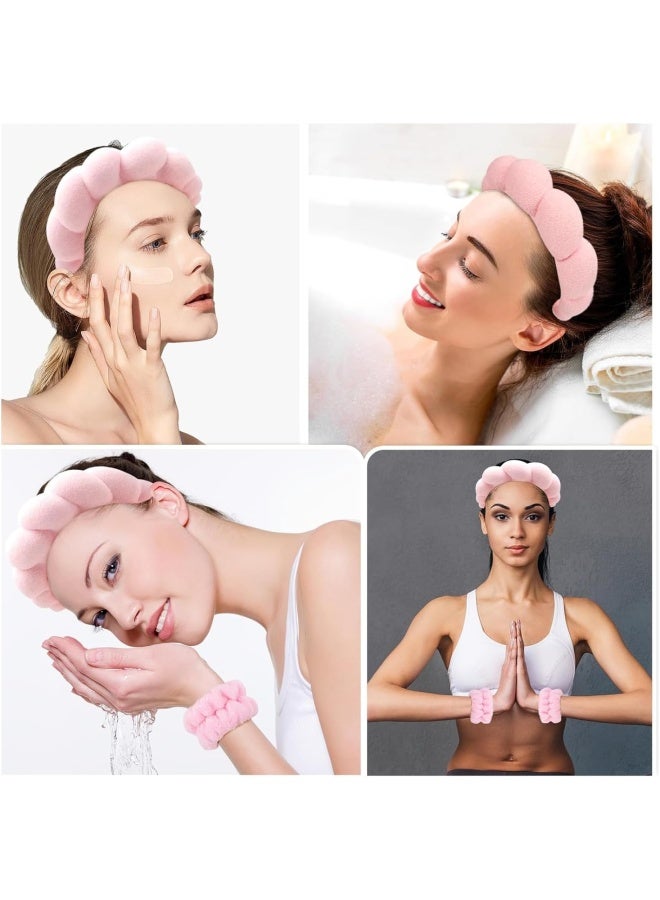 Premify Spa Sponge Headbands & 2 Wristbands Set For Women & Girls, Makeup Removal Headband & Terry Towel Cloth Fabric Hair Band For Washing Face, Skincare (Pink)  - Image 4
