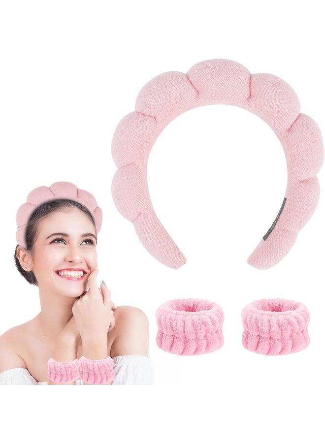 Premify Spa Sponge Headbands & 2 Wristbands Set For Women & Girls, Makeup Removal Headband & Terry Towel Cloth Fabric Hair Band For Washing Face, Skincare (Pink)  - Image 1