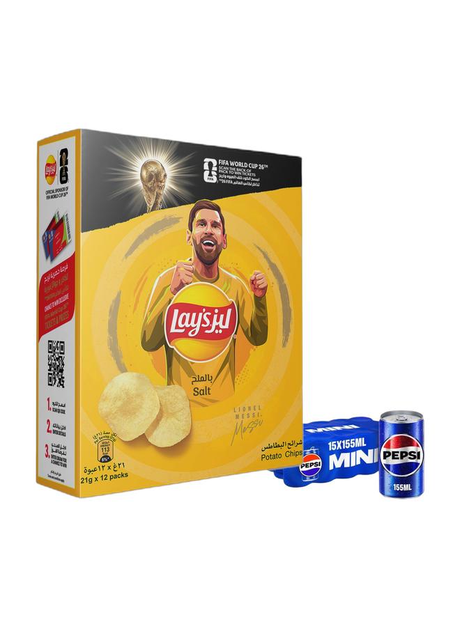 Pepsi Lays Salt Chips 21grams Pack of 12 + Pepsi Cola Mini Cans 15 x 155ml
