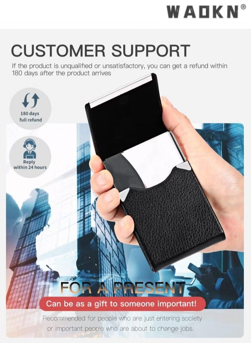 دبليو أيه أو كي أن حامل بطاقة الأعمال ، بو الجلود حامل بطاقة الأعمال ، حامل بطاقة الأعمال الجيب للرجال أو السيدات ، حامل بطاقة معدنية رقيقة ، حامل البطاقة الممغنطة مختومة مع التدريع RFID ، أسود - Image 4
